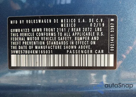 2019 Volkswagen Jetta 1.4T Sel z USA, uszkodzony, nr VIN 3VWE57BU4KM165031